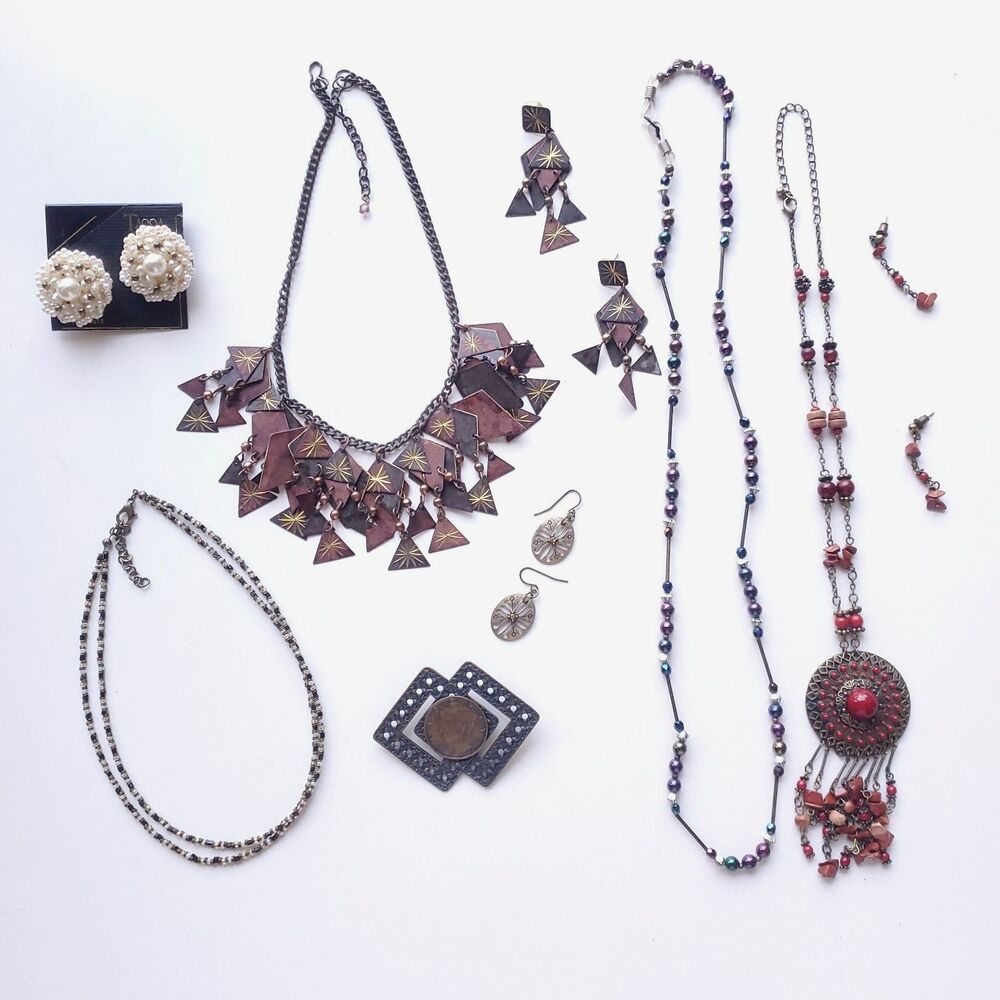 Costume Jewelry 9 Pc Mixed Lot Boho Chic Beaded Bronze Tone Faux Pearl Earrings